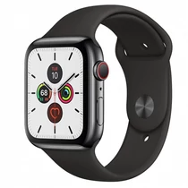 APPLE Watch Series 5 GPS + Cellular, 44mm Space Black Stainless Steel Case with Black Sport Band - S/M & M/L - 2020