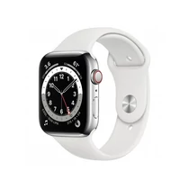 Apple Watch S6 GPS + Cellular, 44mm Silver Stainless Steel Case with White Sport Band - Regular