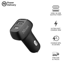 TRUST Kettős ultragyors autós USB és USB-C töltő 23560, Qmax 30W Ultra-Fast USB-C & USB Car Charger with PD