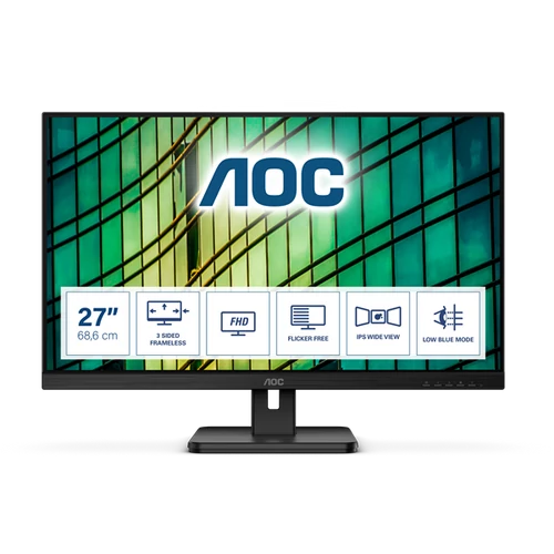 AOC IPS monitor 27" 27E2QAE, 1920x1080, 16:9, 250cd/m2, 4ms, 75Hz, HDMI/DP/VGA, hangszóró, AdaptiveSync