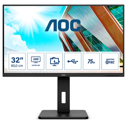 AOC VA monitor 31,5" U32P2, 2560x1440, 16:9, 350cd/m2, 4ms, 75Hz, 2xHDMI/DP/4xUSB, hangszóró, Pivot, AdaptiveSync