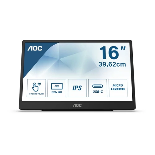 AOC hordozható touch IPS monitor 15,6" 16T2, 1920x1080, 16:9, 250cd/m2, 4ms, 60Hz, Micro-HDMI/2xUSB-C/Audio, Pivot