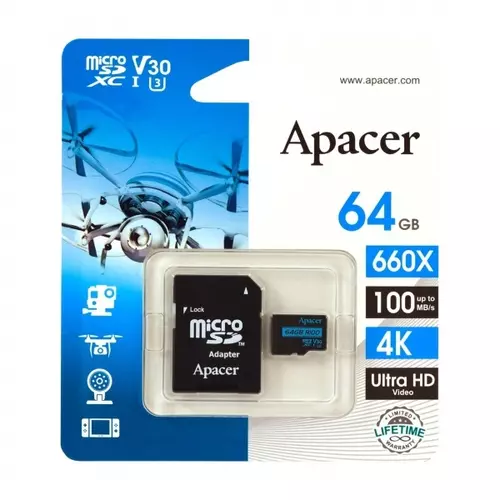 APACER Memóriakártya MicroSDXC 64GB 100R U3 V30 + adapter