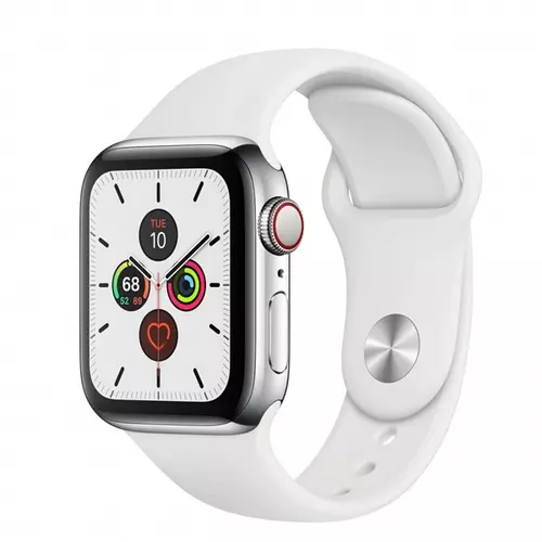 APPLE Watch Series 5 GPS + Cellular, 40mm Stainless Steel Case with White Sport Band - S/M & M/L - 2020
