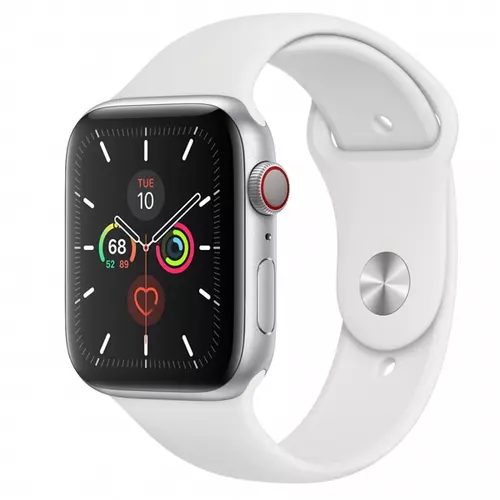 APPLE Watch Series 5 GPS + Cellular, 44mm Silver Aluminium Case with White Sport Band - S/M & M/L - 2020