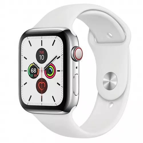 APPLE Watch Series 5 GPS + Cellular, 44mm Stainless Steel Case with White Sport Band - S/M & M/L - 2020