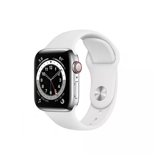 Apple Watch S6 GPS + Cellular, 40mm Silver Stainless Steel Case with White Sport Band - Regular