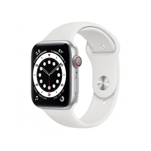 Apple Watch S6 GPS + Cellular, 44mm Silver Aluminium Case with White Sport Band - Regular