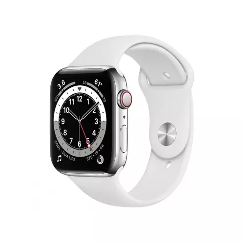 Apple Watch S6 GPS + Cellular, 44mm Silver Stainless Steel Case with White Sport Band - Regular