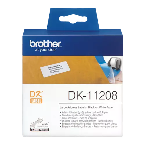 BROTHER Etikett címke DK-11208, Nagy etikett címke, Elővágott (stancolt), Fehér alapon fekete, 400 db