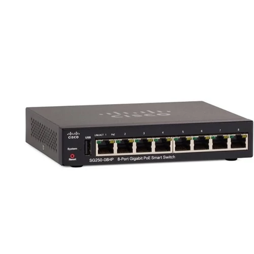 CISCO Switch 8x1000Mbps (8xPOE+) + 1xUSB Asztali, Menedzselhető, SG250-08HP-K9-EU