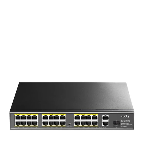 CUDY Switch 24x100Mbps (24xPOE+) + 2x1000Mbps Uplink + 1xGigabit SFP port, Fémházas Asztali/Rackes, FS1026PS1