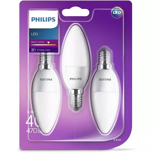 PHILIPS LED E14 gyertya izzó - 5.5W (40W), 470 lm, 2700K (meleg fehér) 3Pack