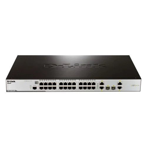 D-LINK Switch 24x100Mbps (24xPOE) + 2xGigabit SFP + 2xGigabit kombó SFP Menedzselhető Rackes, DES-3200-28P