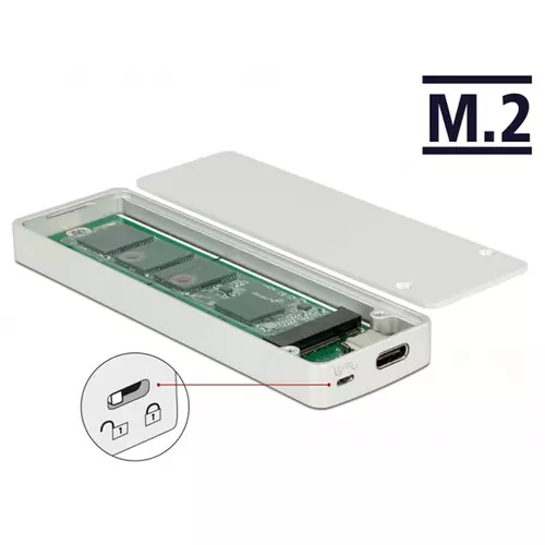 DELOCK Külső Ház M.2 SSD 42/60/80mm USB 3.1 Gen 2 Type-C female, írásvédelem kapcsoló