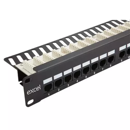 EXCEL Cat.5e UTP 24 portos patchpanel, 1U, fekete tehermentesítővel