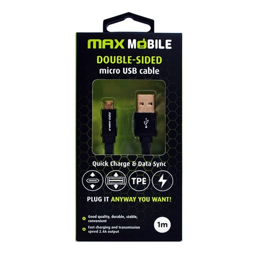 MAX MOBILE Adatkábel Micro USB, 1 m, Kétoldalú, Lapos kábel, Fekete