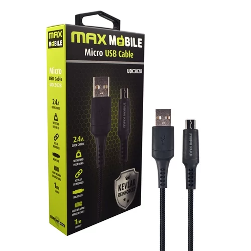 MAX MOBILE Adatkábel UDC3028 Micro USB, 1 m, Kevlár, Fekete