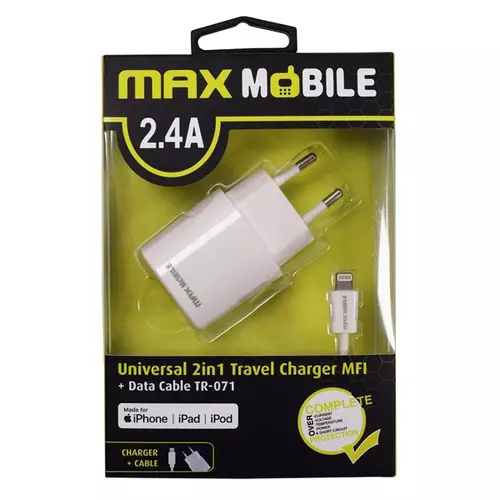 MAX MOBILE Hálózati Töltő, Lightning kábel, 2,4 A, fehér