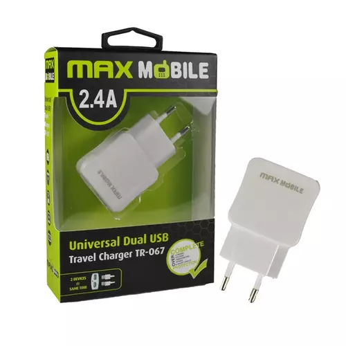 MAX MOBILE Hálózati Töltő TR-067, 2xUSB, 2,4 A, Fehér