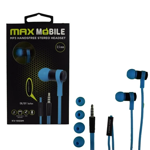 MAX MOBILE Headset Handsfree KV-1959M Mikorofonos Fülhallgató, 3,5 mm jack, 1,2 m, Fekete-Kék