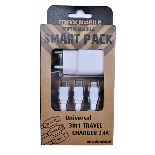 MAX MOBILE Smart Pack Hálózati Töltő 3 az 1-ben, Micro USB/Type-C/Lightning