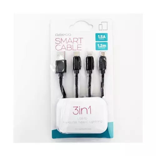 OMEGA smart kábel, 3 az 1-ben/3IN1, Lightning+Type-C+micro-USB, 1,2m, fekete
