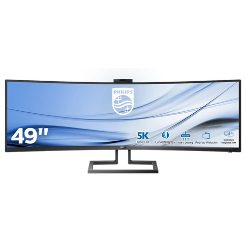 PHILIPS Ívelt VA monitor 48,8" 499P9H, 5120x1440, 32:9, 450cd/m2, 5ms, 70Hz, RJ45/DP/2xHDMI/USB/USB-C, hangszóró, webkam