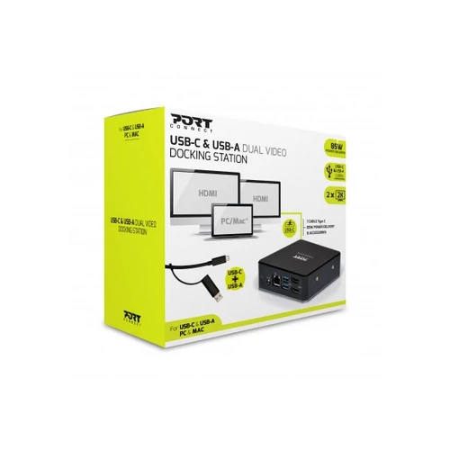 Port Connect - Dokkoló állomás, USB-C, USB-A, Dual VIDEO 2x2K, 100W power adapter, Gigabit lan, USB 3.1, Audio ki/be