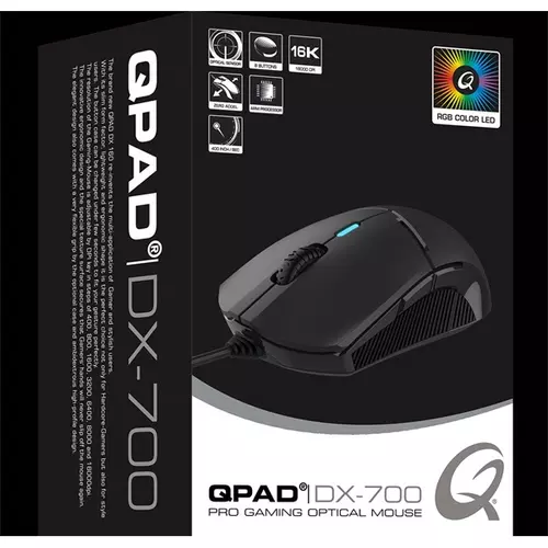 QPAD DX-700 Vezetékes gamer egér, 16000 DPI, USB, fekete