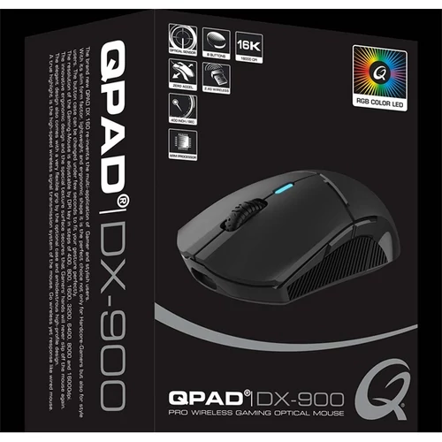 QPAD DX-900 Vezeték nélküli gamer egér, 16000 DPI, fekete