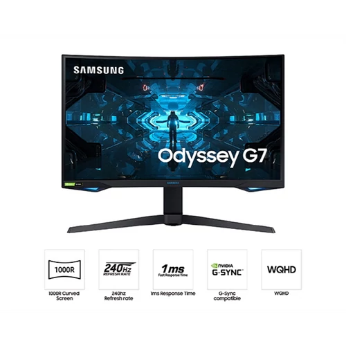 SAMSUNG Ívelt Gamer 240Hz VA monitor 31,5" G75T, 2560x1440, 16:9, 600cd/m2, 1ms, HDR, 2xDP/HDMI/2xUSB, Pivot