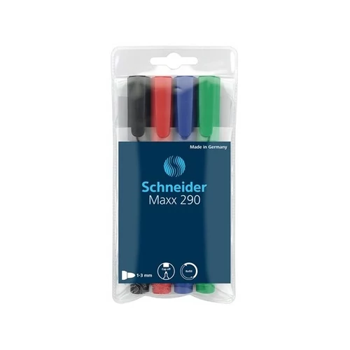 SCHNEIDER Tábla- és flipchart marker készlet, 2-3 mm, kúpos, SCHNEIDER "Maxx 290", 4 különböző szín