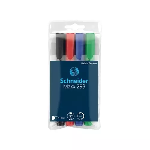 SCHNEIDER Tábla- és flipchart marker készlet, 2-5 mm, vágott, SCHNEIDER "Maxx 293", 4 különböző szín