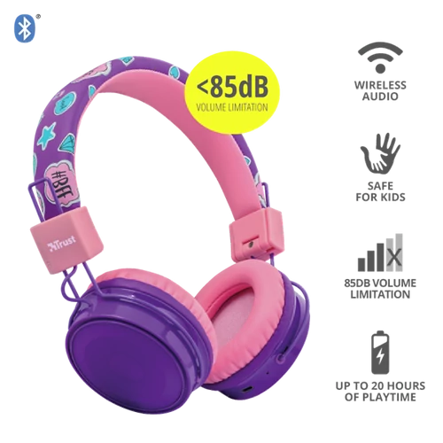 TRUST Bluetooth fejhallgató gyerekeknek 23608, Comi Bluetooth Wireless Kids Headphones - purple