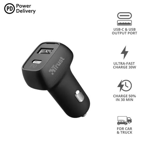 TRUST Kettős ultragyors autós USB és USB-C töltő 23560, Qmax 30W Ultra-Fast USB-C & USB Car Charger with PD