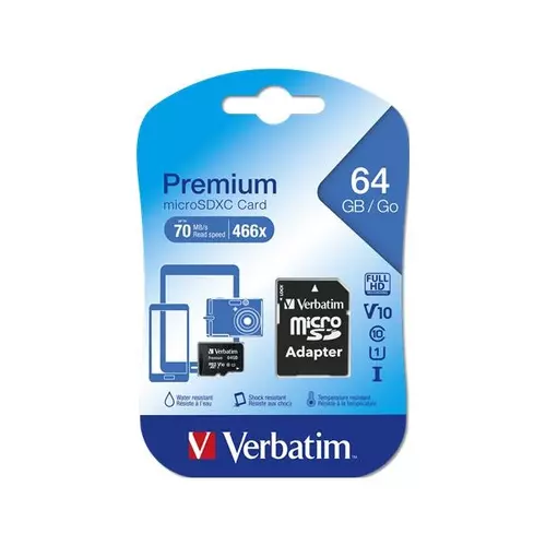 VERBATIM Memóriakártya, Micro SD, 64GB, Class 10, adapterrel