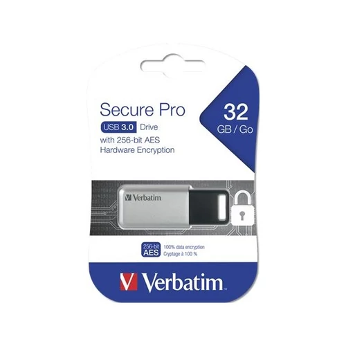 VERBATIM Pendrive, 32GB, USB 3.0, 100/35MB/sec, PC & MAC, GDPR, "SECURE DATA PRO", szürke
