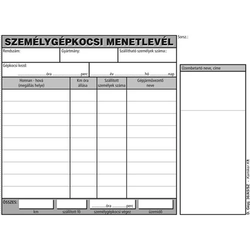 VICTORIA Nyomtatvány, menetlevél személygépkocsi, 100 lap, A5, fekvő, VICTORIA, "D.GÉPJ.36."